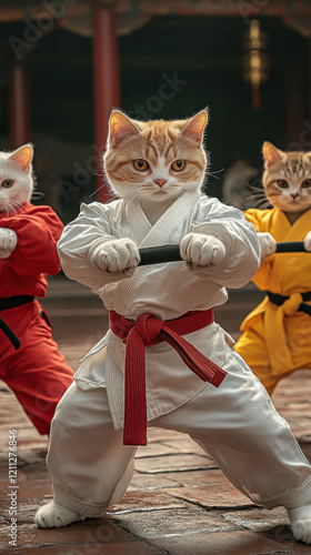 Martial arts master Forbidden City cats, several Forbidden City cats dressed in white, red and yellow practice clothes photo