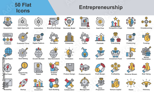 Entrepreneurship Icon Set Collection. Containing Acquisition, Creativity, Crowdsourcing, Innovation, Investment, Leadership, Profit Margin, Profitability. Simple Flat Vector Illustration.
