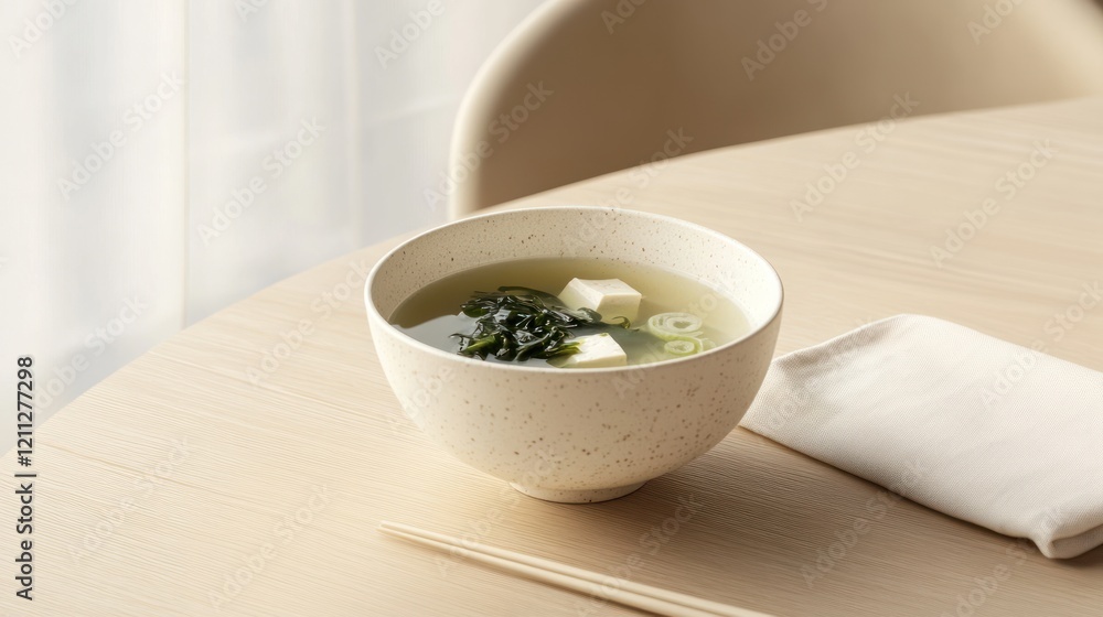 Ceramic bowl with traditional asian miso soup with tofu cubes and green seaweeds, Japanese style food, soy protein and plant-based ingredients, AI generated photo Ceramic bowl with traditional asian miso soup with tofu cubes and green seaweeds, Japanese style food, soy protein and plant-based ingredients, AI generated photo