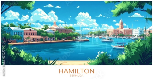 Hamilton Bermuda Travel Poster Flat Illustration Print Decor Gift Canvas Wall Art