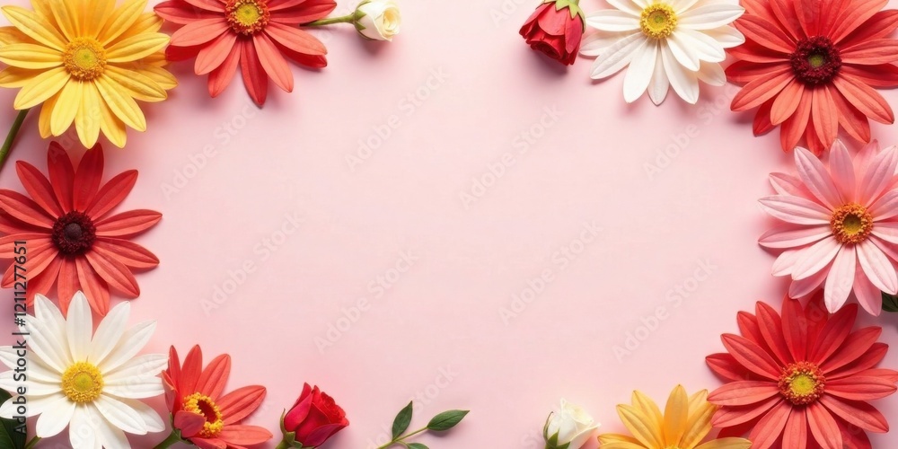 A delicate arrangement of vibrant blossoms creates a charming border around a soft pink background, perfect for adding a touch of floral elegance to any design project. A delicate arrangement of vibrant blossoms creates a charming border around a soft pink background, perfect for adding a touch of floral elegance to any design project.
