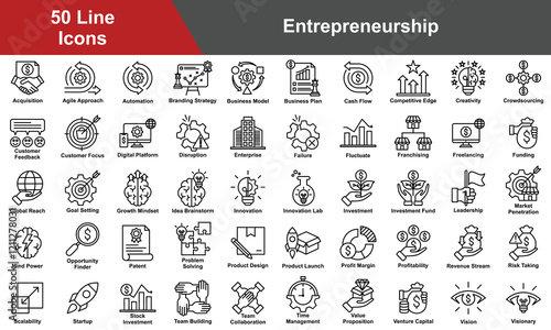 Entrepreneurship Icon Set Collection. Containing Acquisition, Creativity, Crowdsourcing, Innovation, Investment, Leadership, Profit Margin, Profitability. Simple Line Vector Illustration.