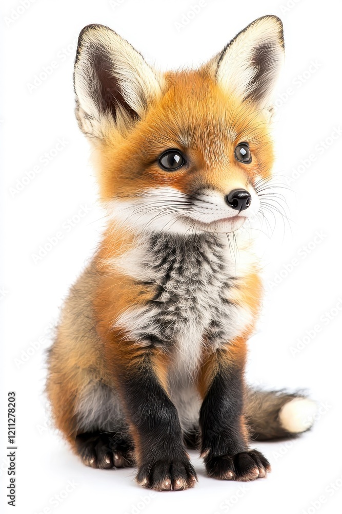 A charming baby fox, isolate on white background, radiating cuteness and innocence. A charming baby fox, isolate on white background, radiating cuteness and innocence.