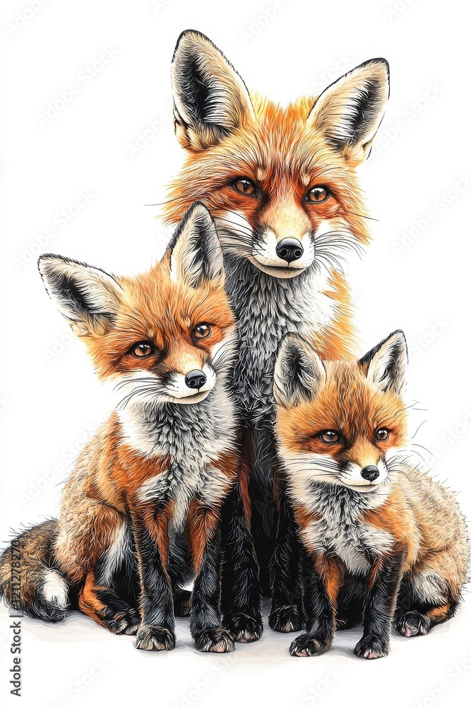Obraz premium A loving family of foxes, isolate on white background, symbolizing warmth and togetherness.