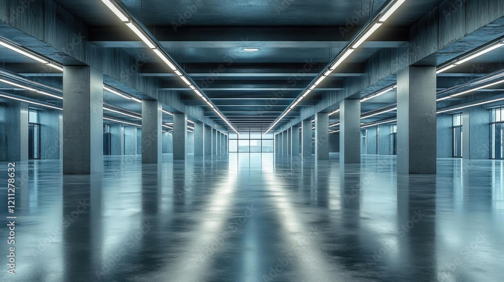 Eempty corridor in modern office building with lights and reflections.