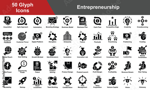 Entrepreneurship Icon Set Collection. Containing Acquisition, Creativity, Crowdsourcing, Innovation, Investment, Leadership, Profit Margin, Profitability. Simple Glyph Vector Illustration.