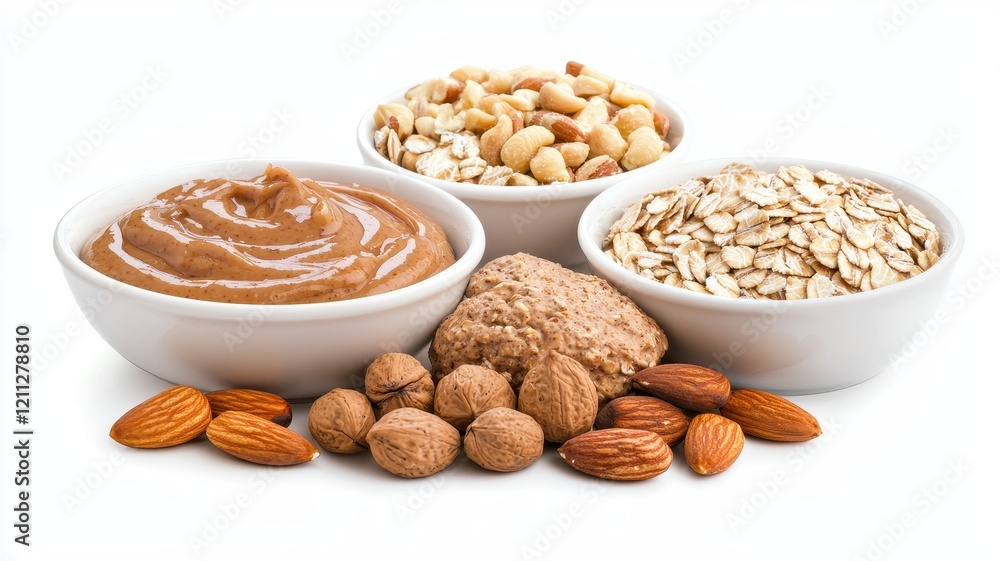 Healthy assortment of nuts, nut butter, and oats in white bowls on isolated background. Flexitarian food concept Healthy assortment of nuts, nut butter, and oats in white bowls on isolated background. Flexitarian food concept