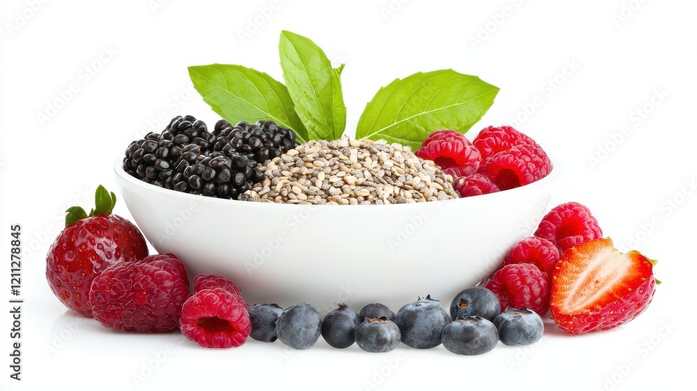 Healthy bowl of mixed berries, seeds, and leaves on white isolated background. Flexitarian food concept Healthy bowl of mixed berries, seeds, and leaves on white isolated background. Flexitarian food concept