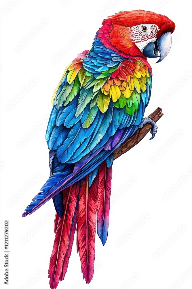 Fototapeta premium A flat style illustrated parrot, isolate on white background, with clean lines and bright colors.