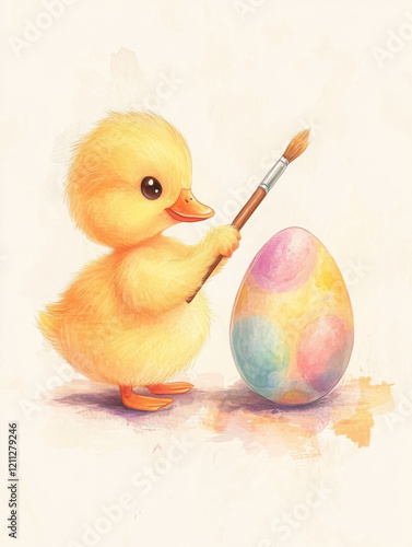 minimalistic cute adorable baby duckling ipainting an Easter egg with a painting brush, cartoon, watercolour, soft pastel colours, kid-lit style 