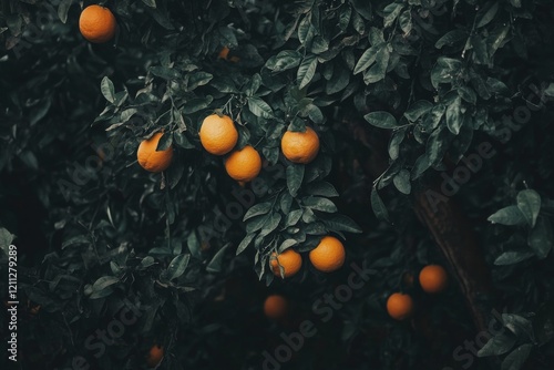 close-up of orange tree is full of oranges hanging on the branches with green leaves 