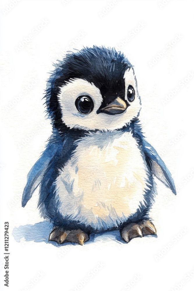 Obraz premium A baby penguin, isolate on white background, with fluffy down feathers and a curious look.