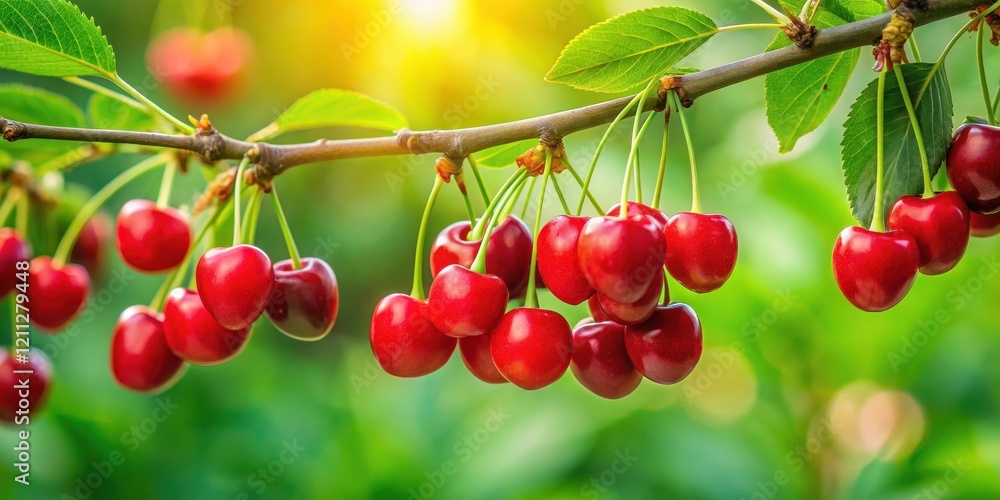A Bountiful Harvest of Ripe Red Cherries Hanging on a Branch in a Lush Green Orchard Bathed in Warm Sunlight A Bountiful Harvest of Ripe Red Cherries Hanging on a Branch in a Lush Green Orchard Bathed in Warm Sunlight