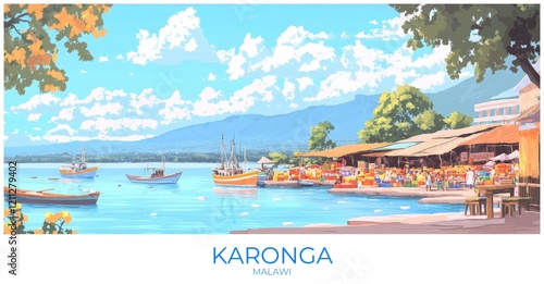 Karonga Malawi Travel Poster Flat Illustration Print Decor Gift Canvas Wall Art photo