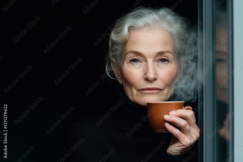 Nostalgic Reflection Silver-Haired Woman with Steaming Tea by Rainy Window - Authentic Emotional Content for Lifestyle and Wellness Campaigns Nostalgic Reflection Silver-Haired Woman with Steaming Tea by Rainy Window - Authentic Emotional Content for Lifestyle and Wellness Campaigns