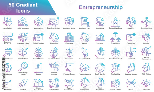 Entrepreneurship Icon Set Collection. Containing Acquisition, Creativity, Crowdsourcing, Innovation, Investment, Leadership, Profit Margin, Profitability. Simple Gradation Vector Illustration.