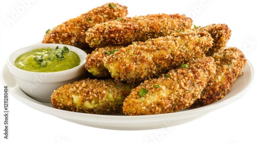 A plate of crispy avocado fries with a golden breadcrumb coating and a side of cilantro lime dipping sauce, Each fry’s creamy interior and crunchy exterior captured with precision