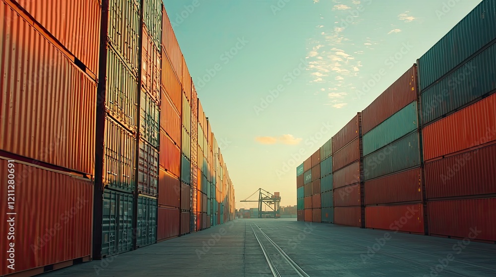 Fototapeta premium Stack of Cargo Containers at the docks for Logistic Import Export background