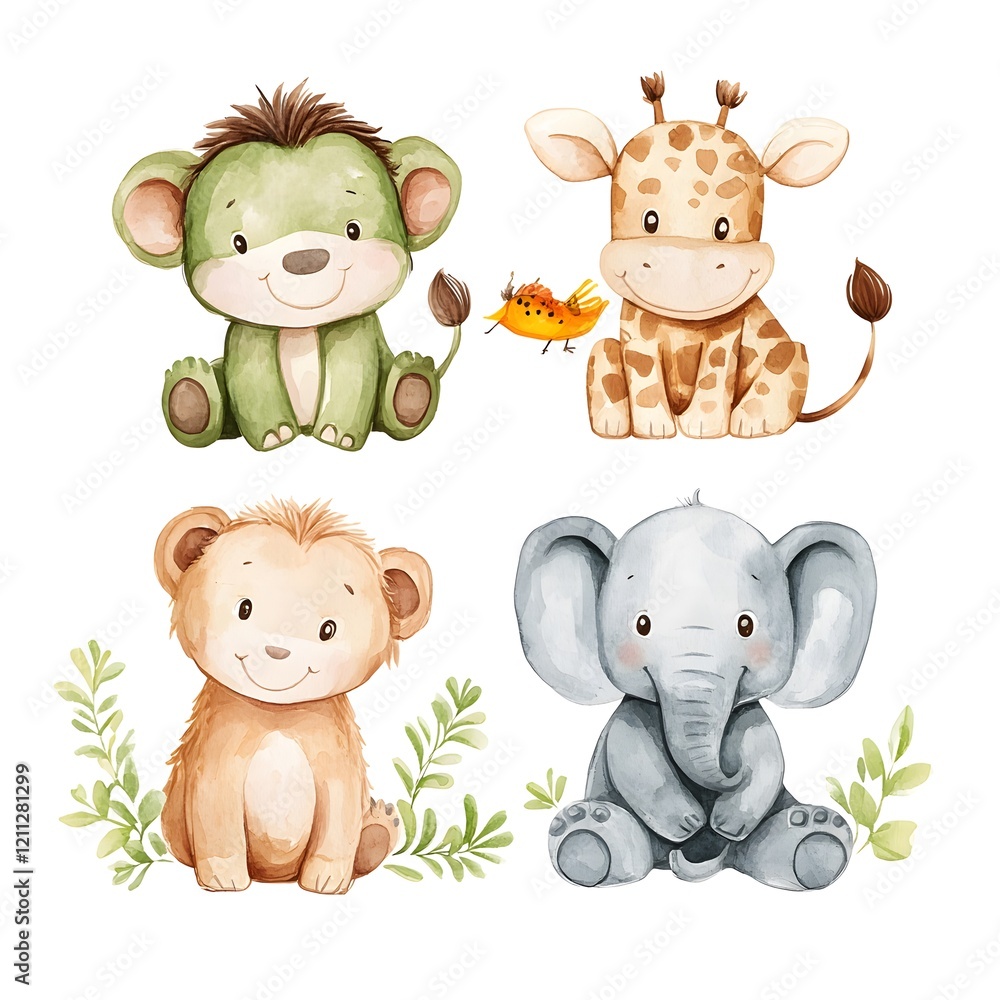 Obraz premium A clipart portrait of some safari animals with white background.