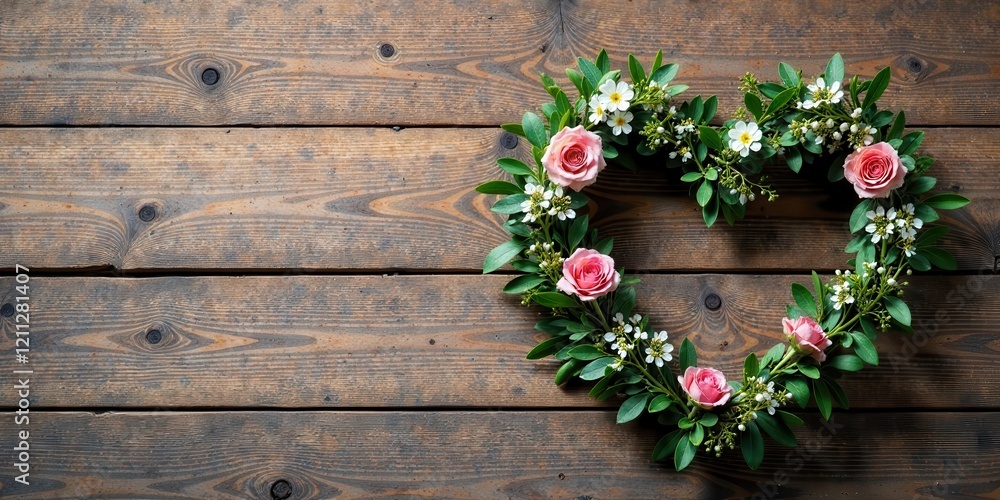 Heart-shaped floral arrangement of pink roses and white blossoms on rustic wooden background, perfect for romantic occasions or sentimental expressions Heart-shaped floral arrangement of pink roses and white blossoms on rustic wooden background, perfect for romantic occasions or sentimental expressions