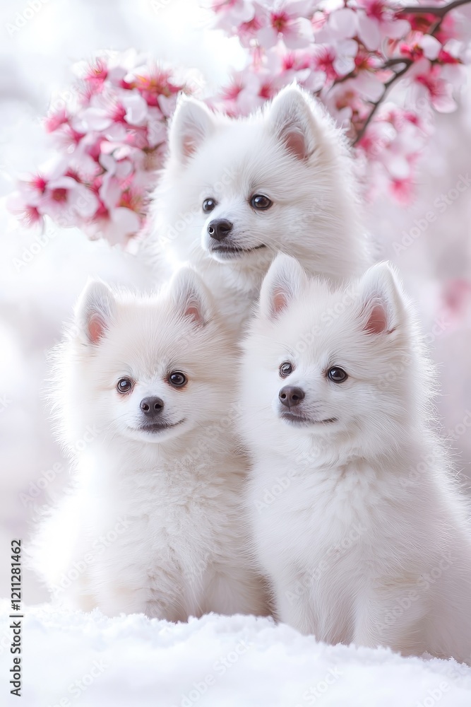 A family of Pomeranians, isolate on white background, showcasing their joyful interactions and fluffy appearances. A family of Pomeranians, isolate on white background, showcasing their joyful interactions and fluffy appearances.