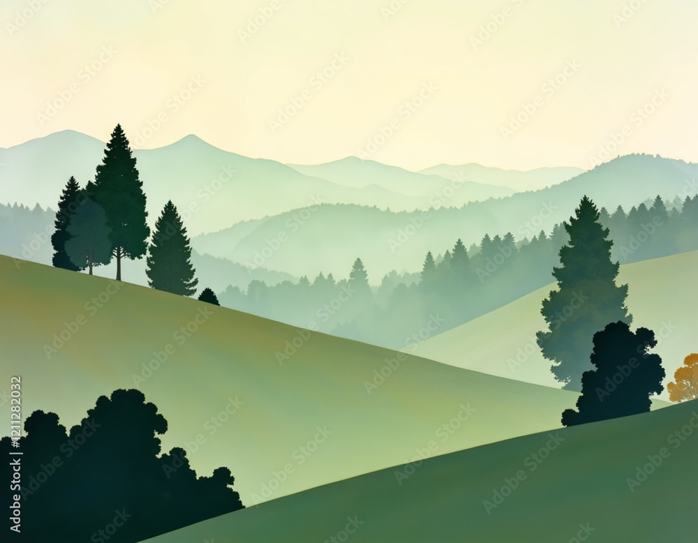 Fototapeta premium Serene Misty Mountain Landscape Green Hills Nature Scene