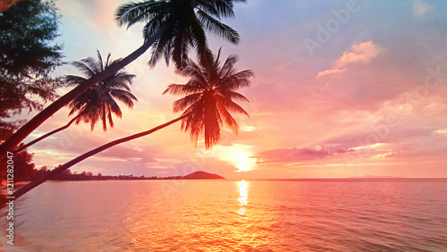 Sunset sea beach, sunrise tropical island, beautiful colorful ocean landscape, palm tree leaf, sun reflection, blue water, yellow, red, pink, orange, purple sky cloud, summer holiday, vacation, travel