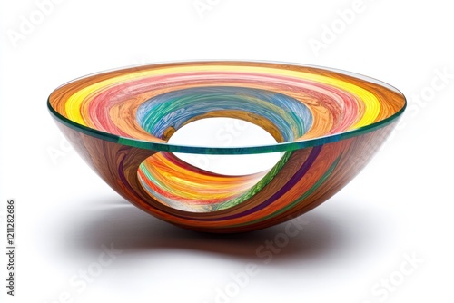 Colorful, swirl-patterned wooden coffee table with a glass top and central cutout. photo