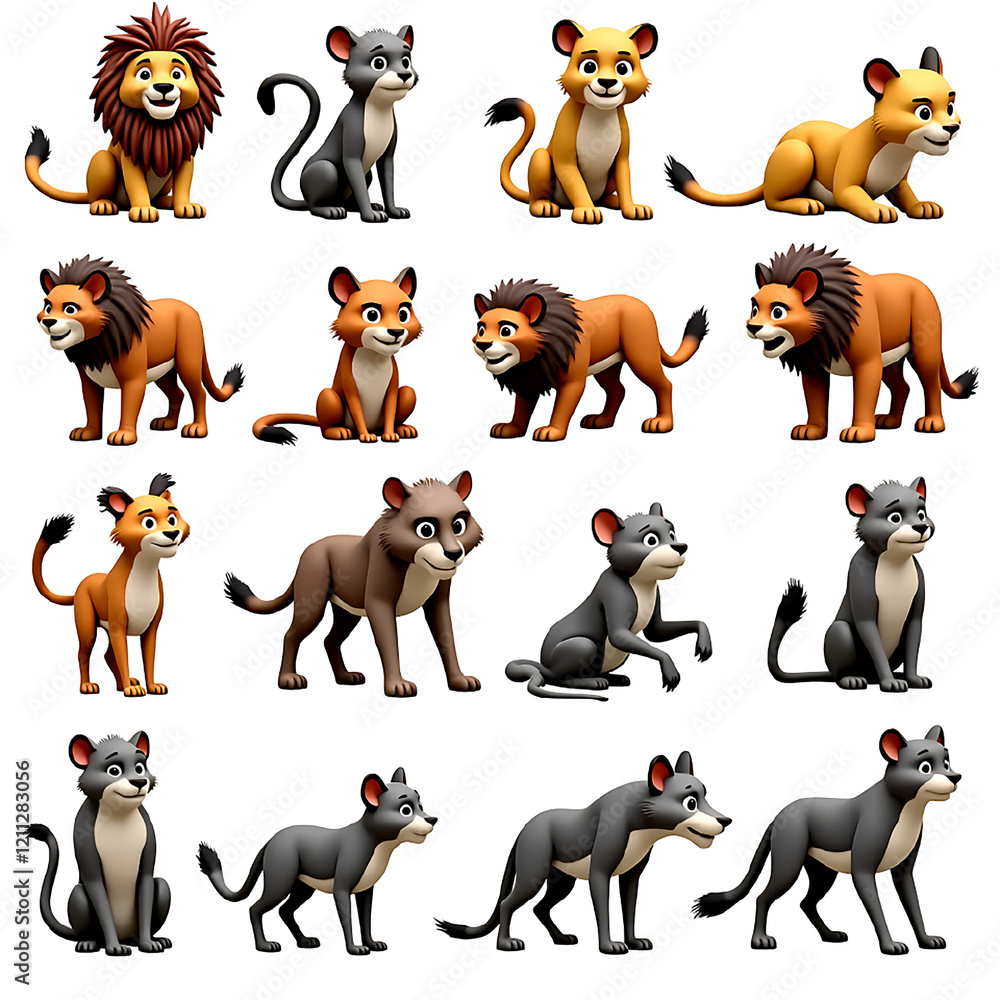 Fototapeta premium An illustrated collection of various animals, including lions, mice, foxes, and wolves, each depicted in different poses and vibrant colors. 3D-rendered style with bright and warm tones.