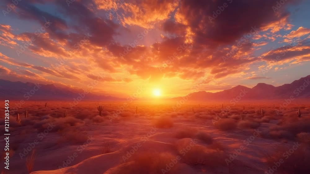 Dramatic desert sunset over mountains with dynamic cloud movement Dramatic desert sunset over mountains with dynamic cloud movement