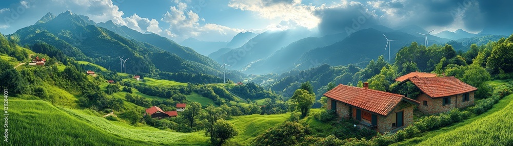 Obraz premium Breathtaking travel adventure in serene mountain valley panoramic landscape photography nature exploration vibrant greenery