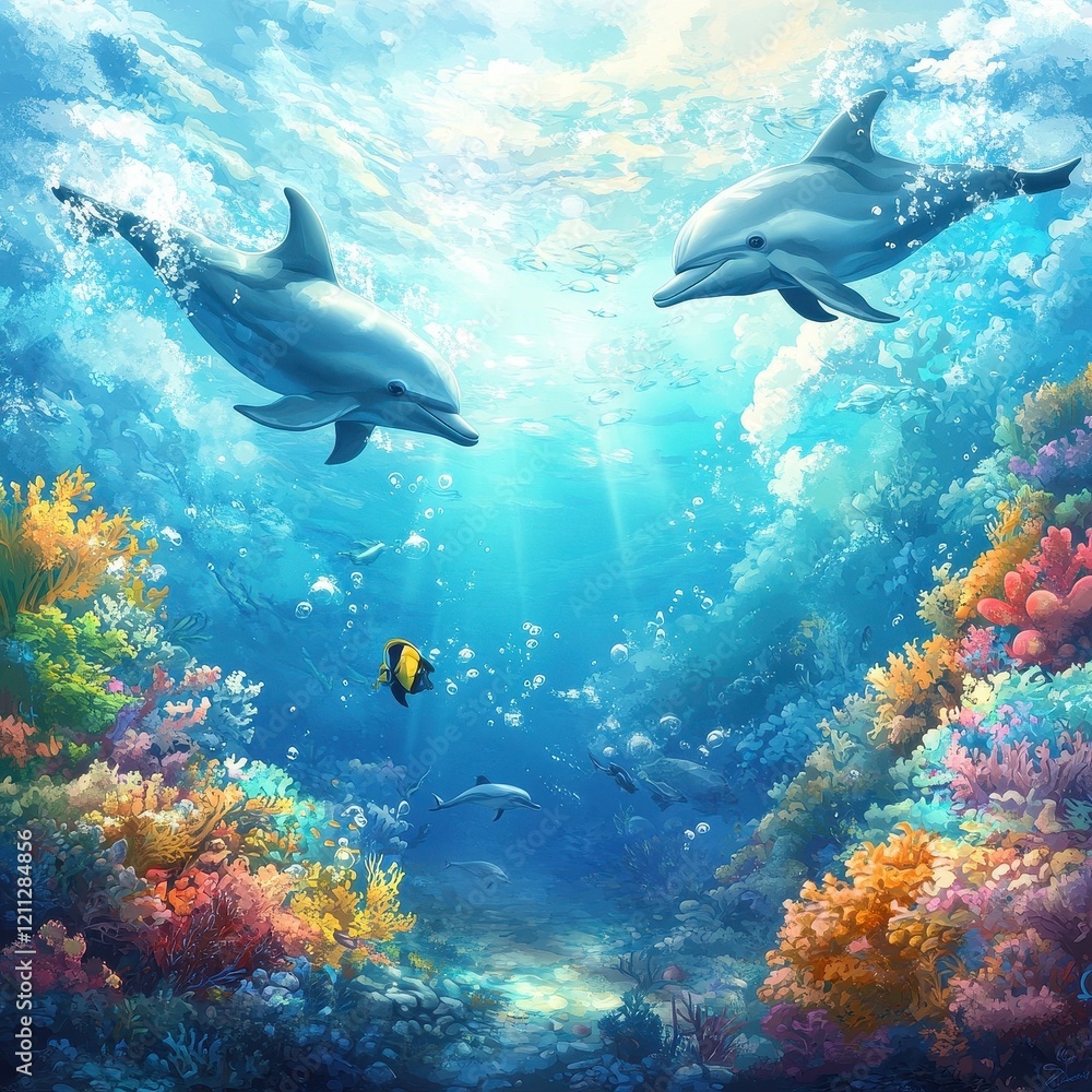 Fototapeta premium Dolphins Swim Gracefully Above Vibrant Coral Reefs