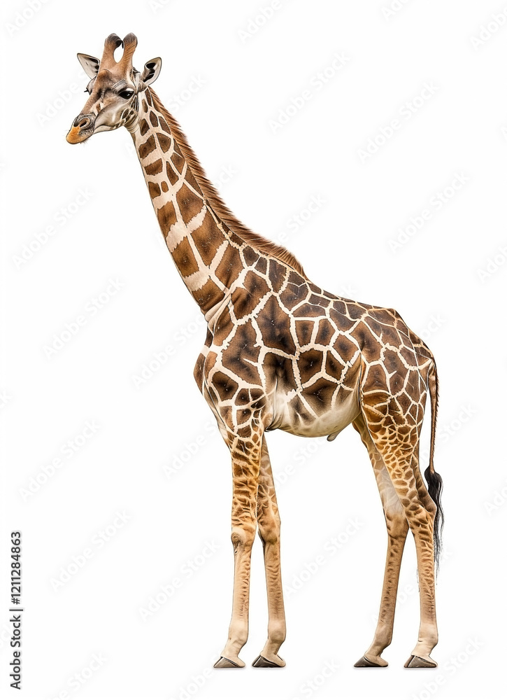 Full body isolated giraffe with its unique spots and long neck on white background Full body isolated giraffe with its unique spots and long neck on white background