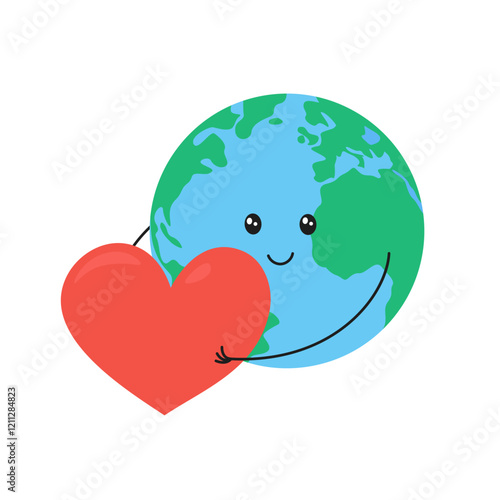 Cute happy Earth planet holding heart. Vector flat illustration. World Kindness Day, Random acts of kindness, Earth Day celebrations