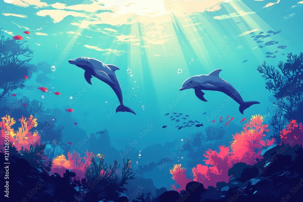 Naklejka premium Dolphins swimming gracefully in a vibrant coral reef ocean