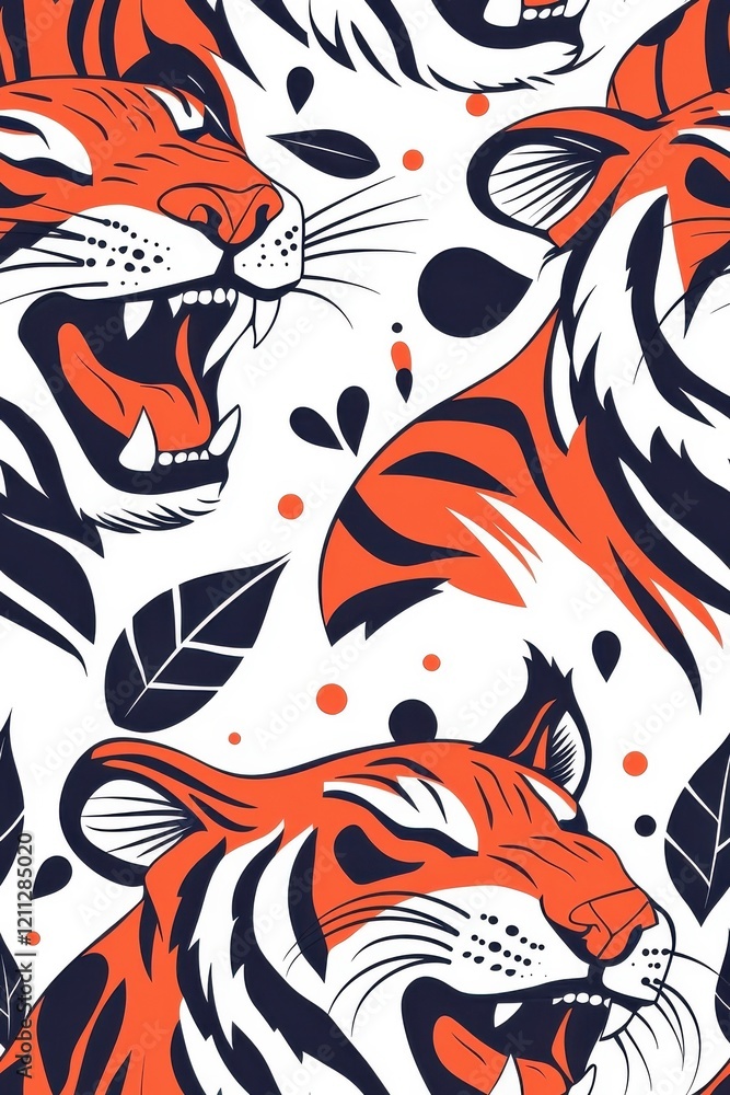 Fototapeta premium Flat style tiger in a seamless pattern, isolate on white background.