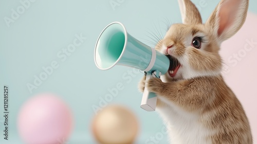 A cute rabbit holding a megaphone in a whimsical campaign setting with soft pastel colors