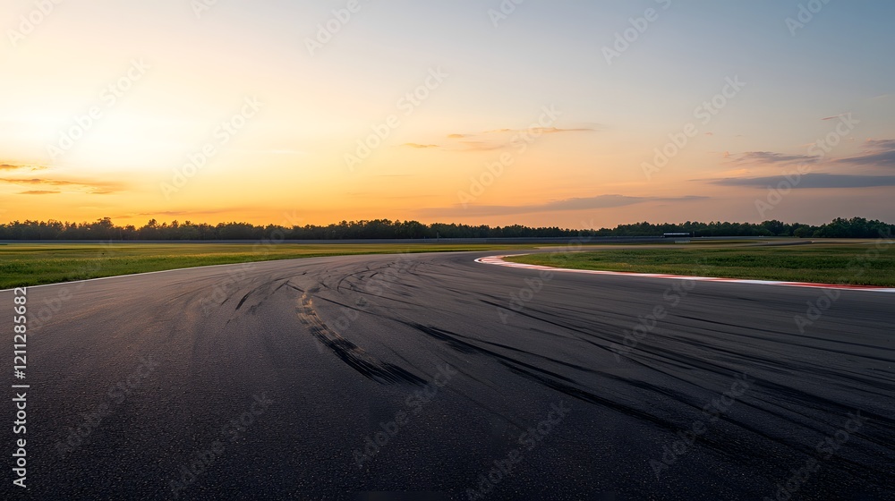 Scenic Rural Race Circuit with Tire Marks at Sunset Overlooking the Peaceful Landscape Scenic Rural Race Circuit with Tire Marks at Sunset Overlooking the Peaceful Landscape