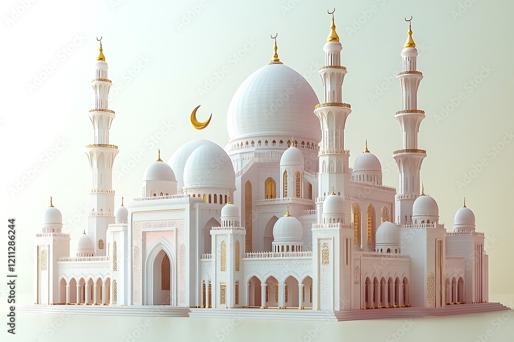 Obraz premium Islamic decoration background for Ramadan with lantern and mosque 3D rendering. 3D Illustration