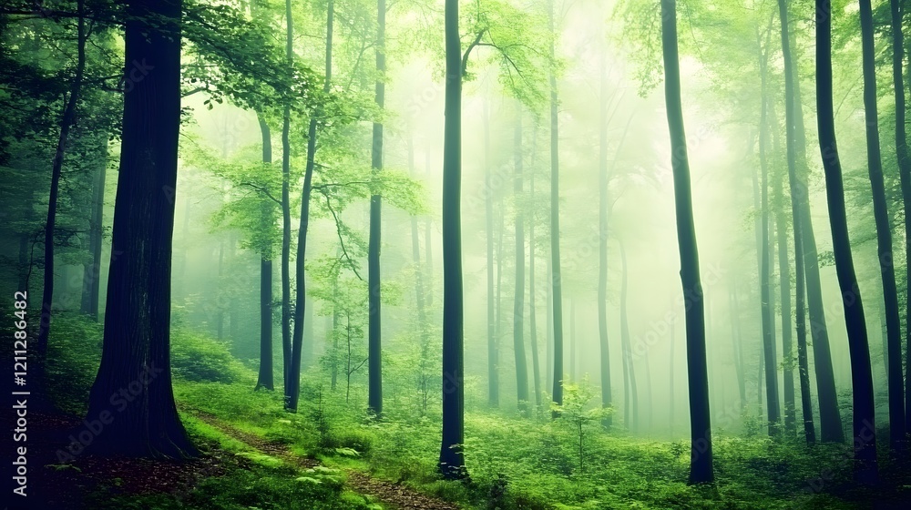 Obraz premium Tranquil forest bathed in soft sunlight, earthy tones blending harmoniously, evoking peace and natural serenity