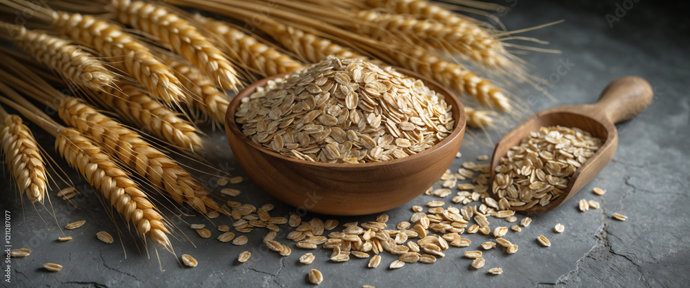 Close-up of raw rolled oats in a wooden bowl with wheat stalks and a scoop, showcasing natural and healthy food ingredients. Close-up of raw rolled oats in a wooden bowl with wheat stalks and a scoop, showcasing natural and healthy food ingredients.