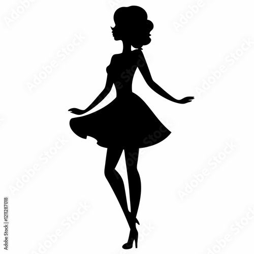 A woman in a dress is standing in front of a white background. She is wearing high heels