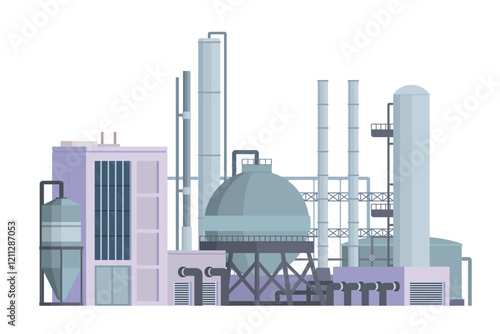 Oil Refinery Building Vector Illustration. Editable Chemical Factory Design with Modular Industrial Elements