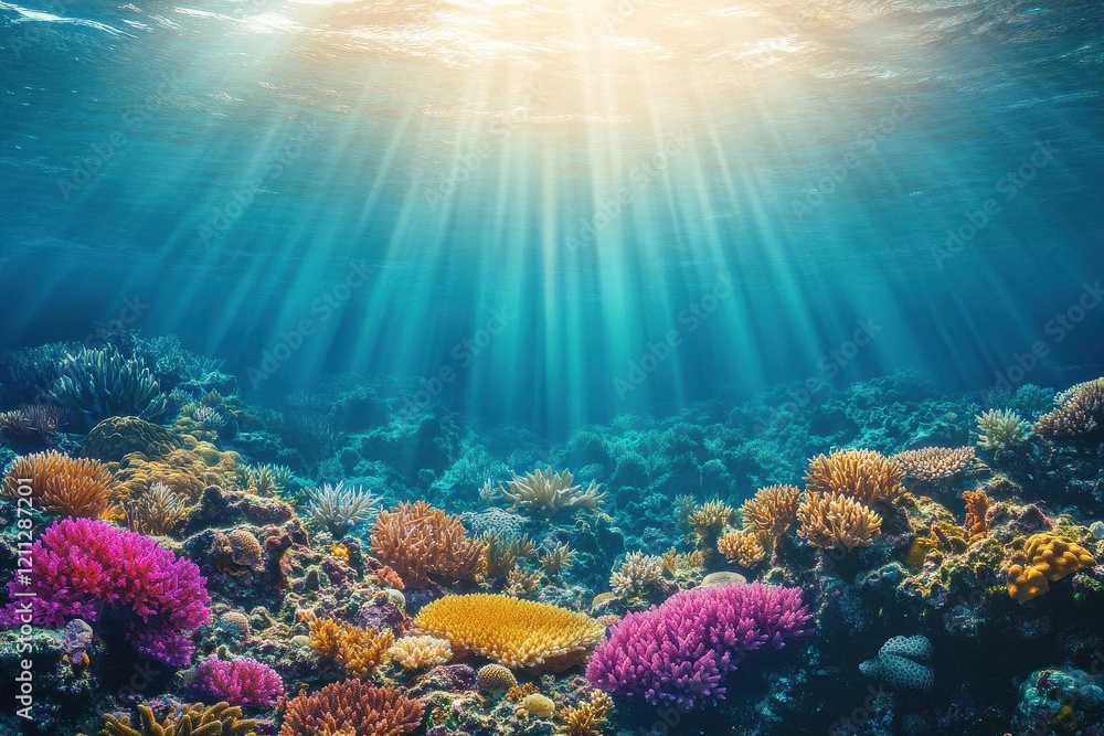 Fototapeta premium Vibrant Coral Reef Undersea Sunlight Scene