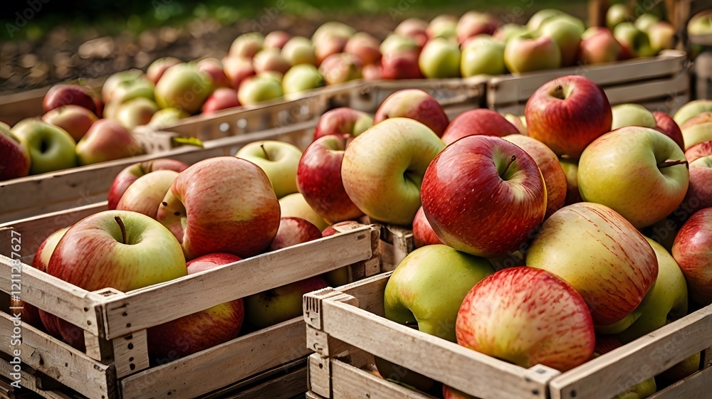 Freshly harvested apples in a wooden crate at a farmer's market, showcasing vibrant colors and freshness. Freshly harvested apples in a wooden crate at a farmer's market, showcasing vibrant colors and freshness.