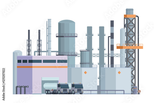 Oil Refinery Building Vector Illustration. Editable Chemical Factory Design with Modular Industrial Elements