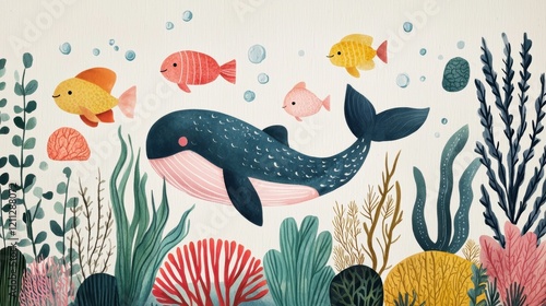 Watercolor Whale Fish Underwater Scene Whimsical Ocean Life Illustration