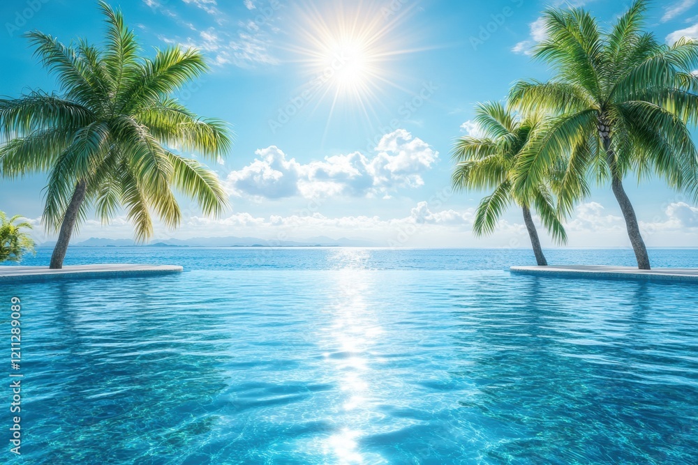Serene Tropical Paradise with Lush Palm Trees and Crystal Clear Water Under Bright Sunlight Amidst a Tranquil Ocean Horizon and Beautiful Sky Serene Tropical Paradise with Lush Palm Trees and Crystal Clear Water Under Bright Sunlight Amidst a Tranquil Ocean Horizon and Beautiful Sky