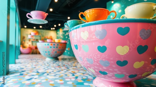 Colorful Teacups and Giant HeartPatterned Bowl in Playful Interior photo