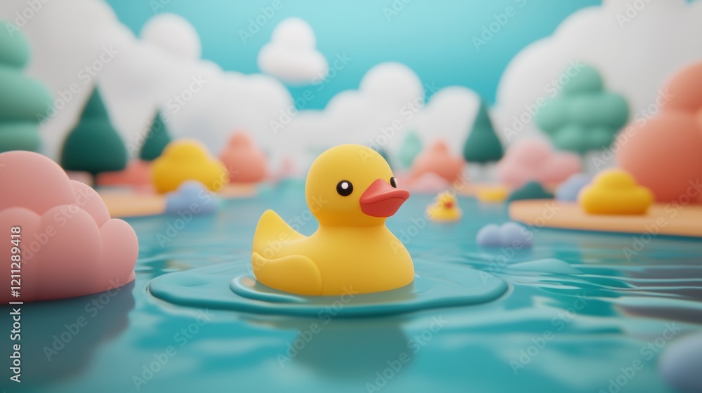 Cute Yellow Rubber Duck Floating on Calm Water in a Dreamy Landscape Cute Yellow Rubber Duck Floating on Calm Water in a Dreamy Landscape